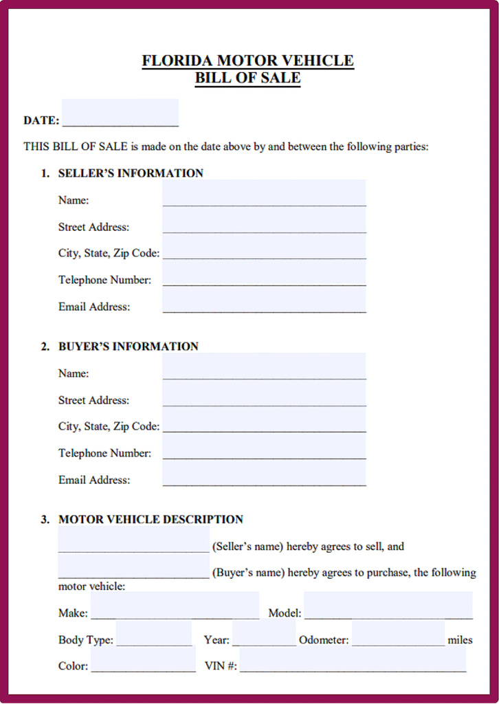 Auto Blank Bill of Sale Florida​