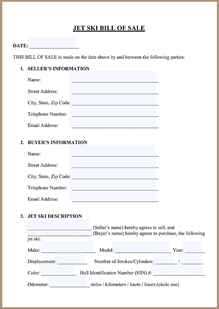 Bill of Sale for Jet Ski and Trailer Florida​