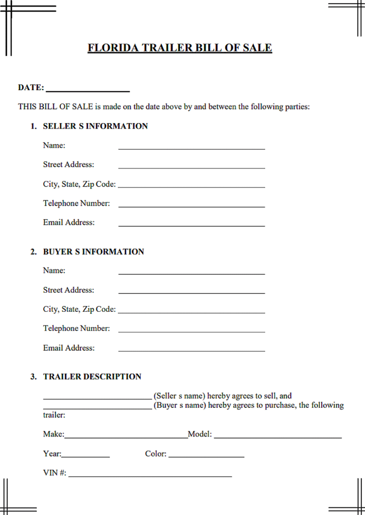 Bill of Sale for Utility Trailer in Florida​