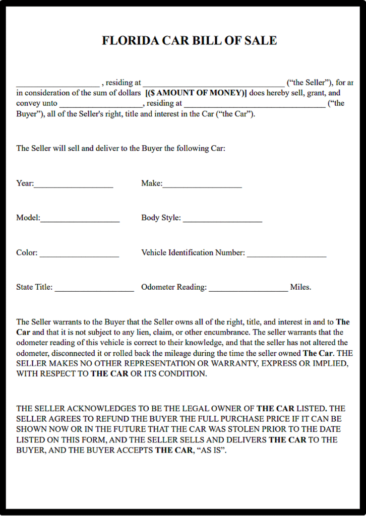 Blank Bill of Sale for Car Florida​