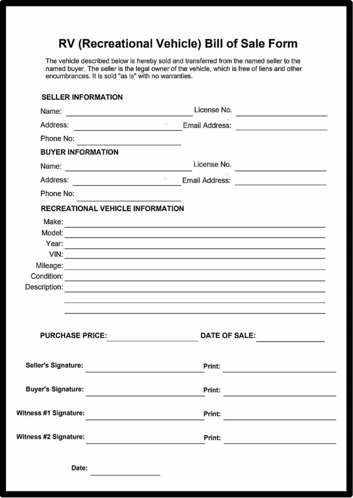 Blank Bill of Sale for RV in Florida​