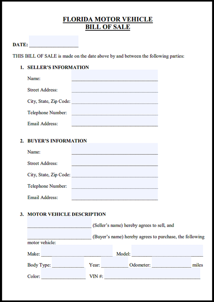 Car Bill of Sale Florida PDF