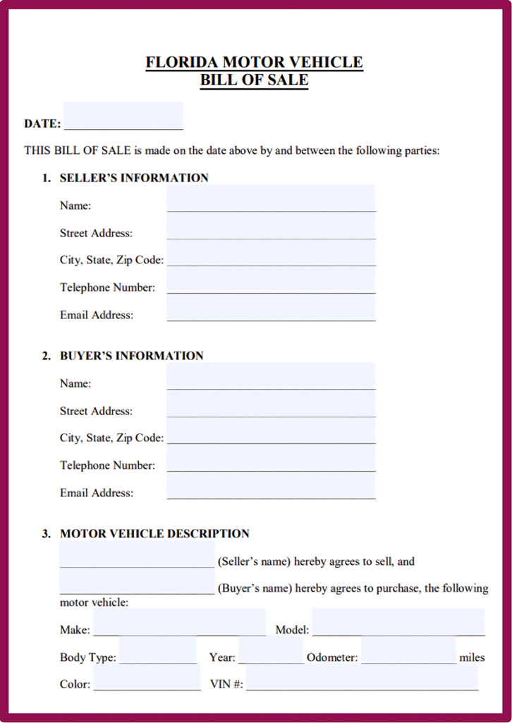 Florida Automobile Bill of Sale Form