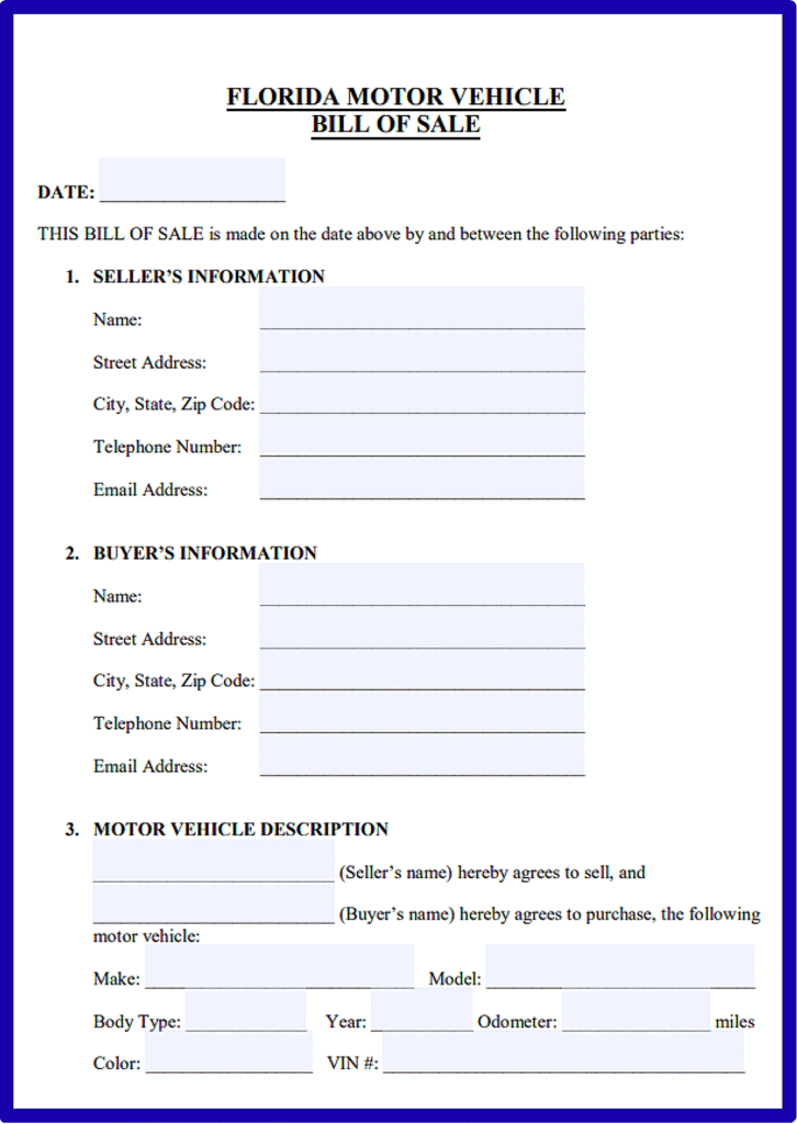 Florida Bill of Sale Vehicle PDF