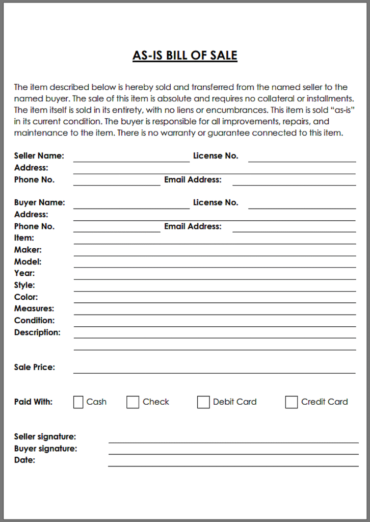 Florida Car Bill of Sale As is No Warranty​