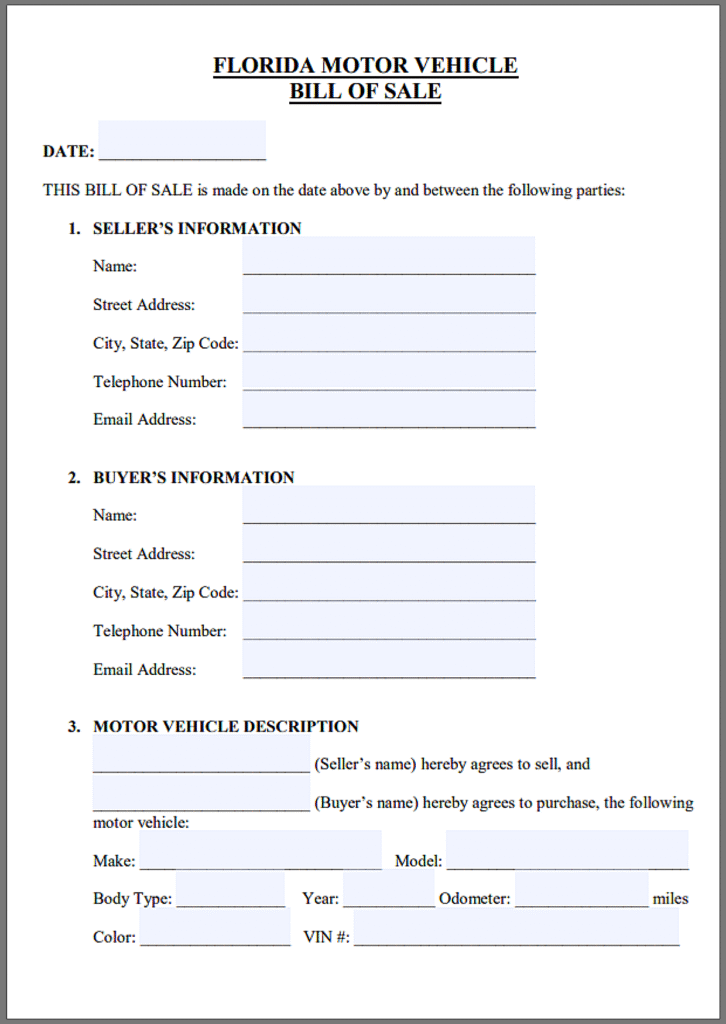Florida Car Bill of Sale Form​