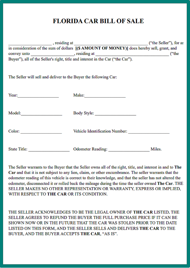 Florida Car Bill of Sale Word
