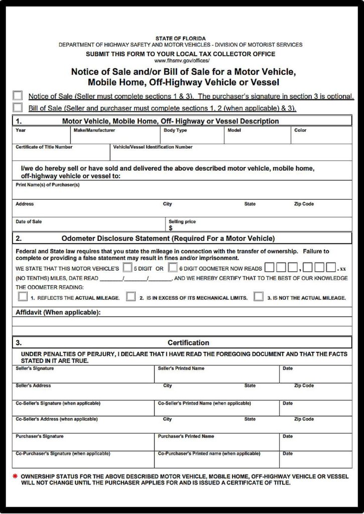 Florida DMV Bill of Sale Car​