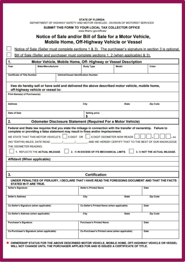 Florida DMV Bill of Sale Form