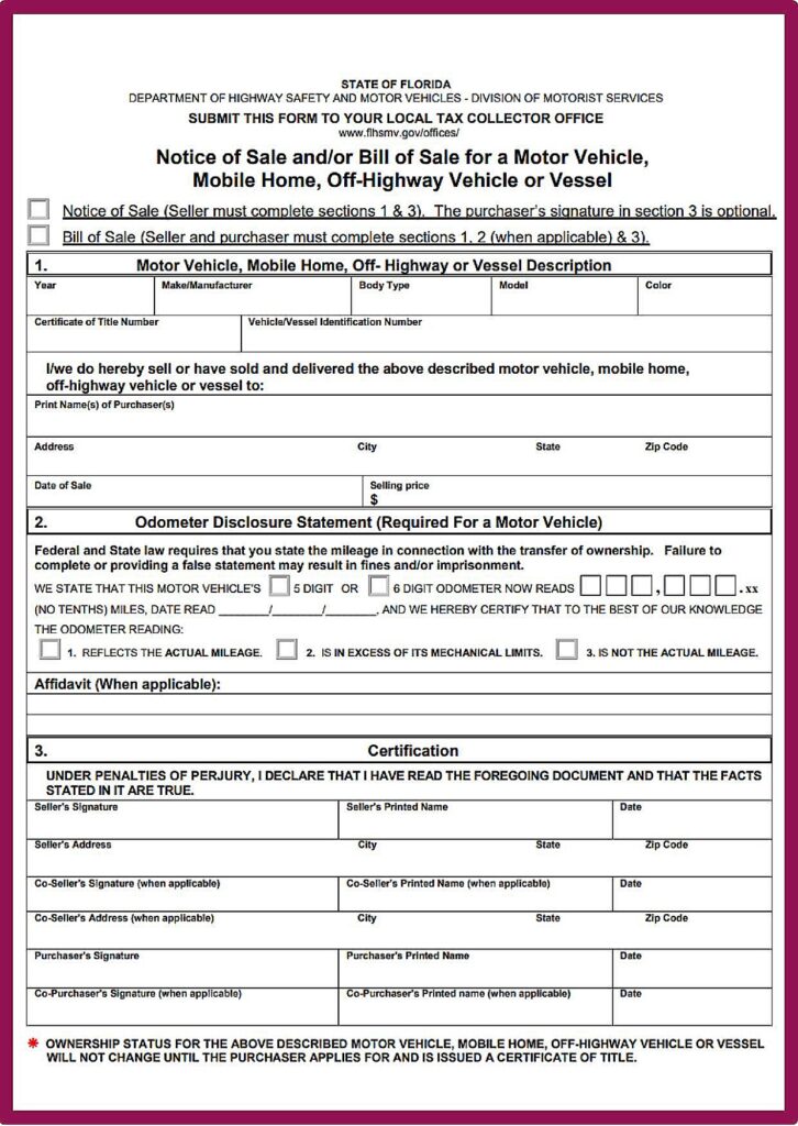 Florida DMV Bill of Sale for Vehicle