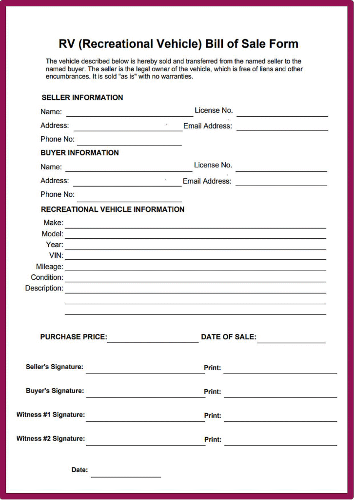 Bill of Sale for RV in Florida