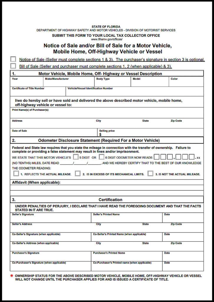 Florida Bill of Sale for a Vessel
