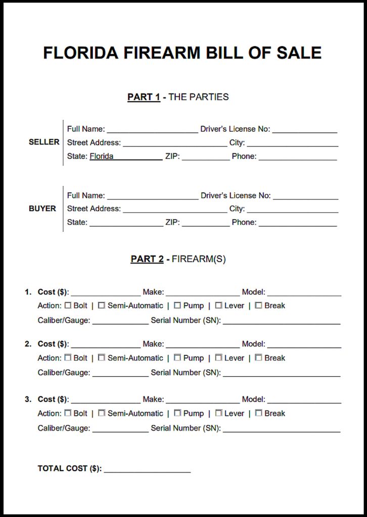 Free Florida Firearm Bill of Sale Template