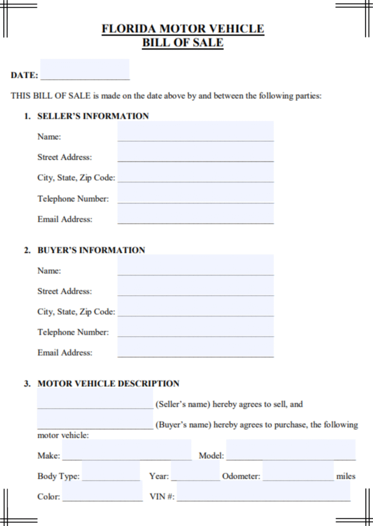 Free Florida Vehicle Bill of Sale Template