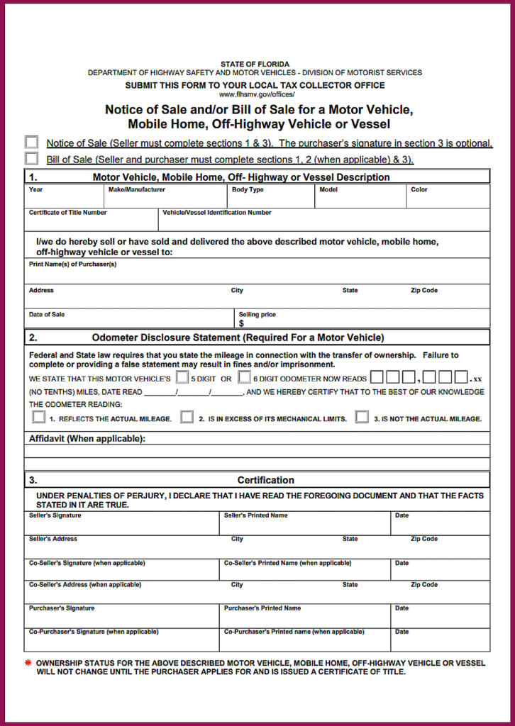 State of Florida Vessel Bill of Sale​ PDF